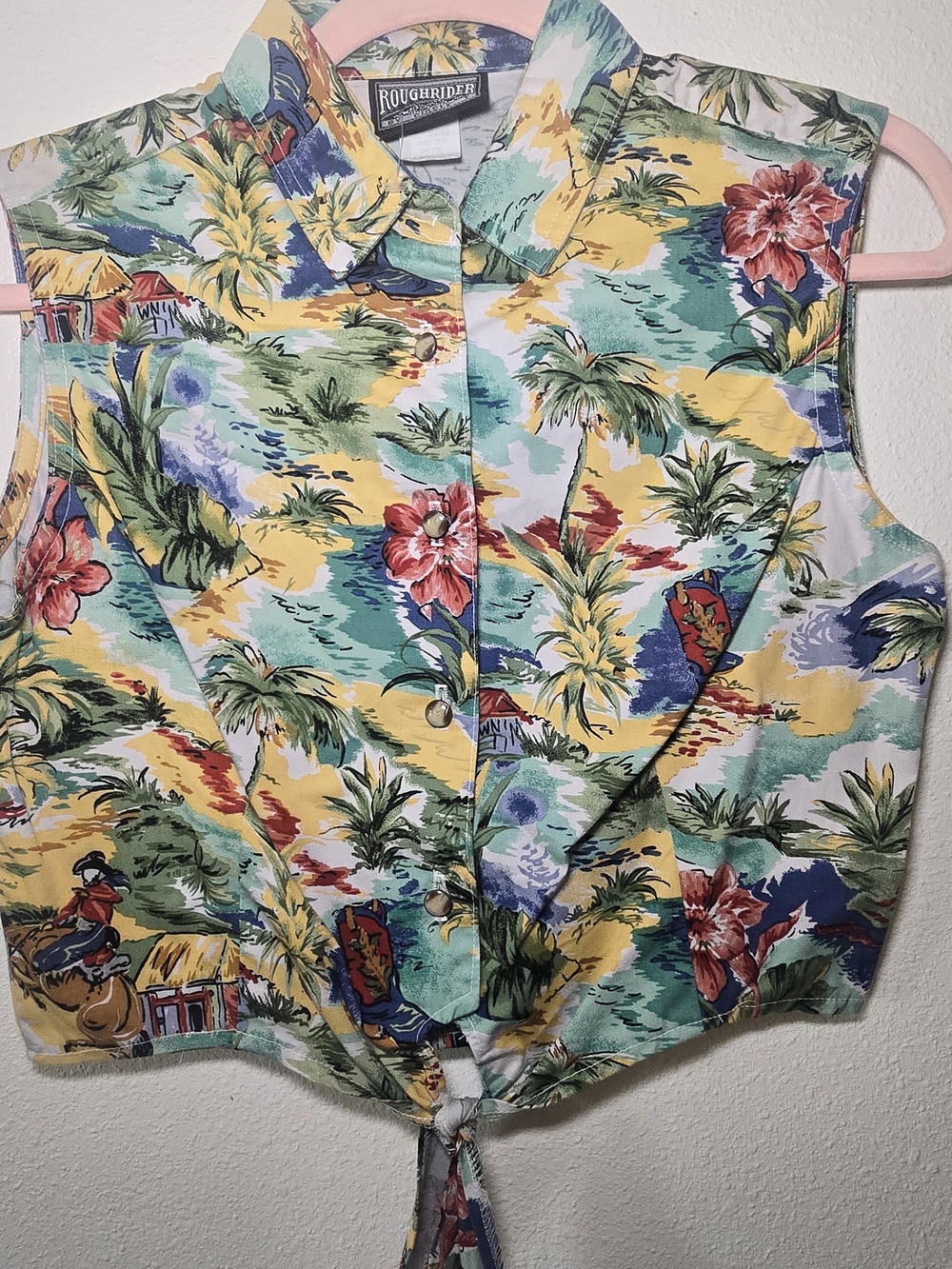 Vintage Roughrider Sz Sm. Tropical Western Print Tie-Front Sleeveless Top